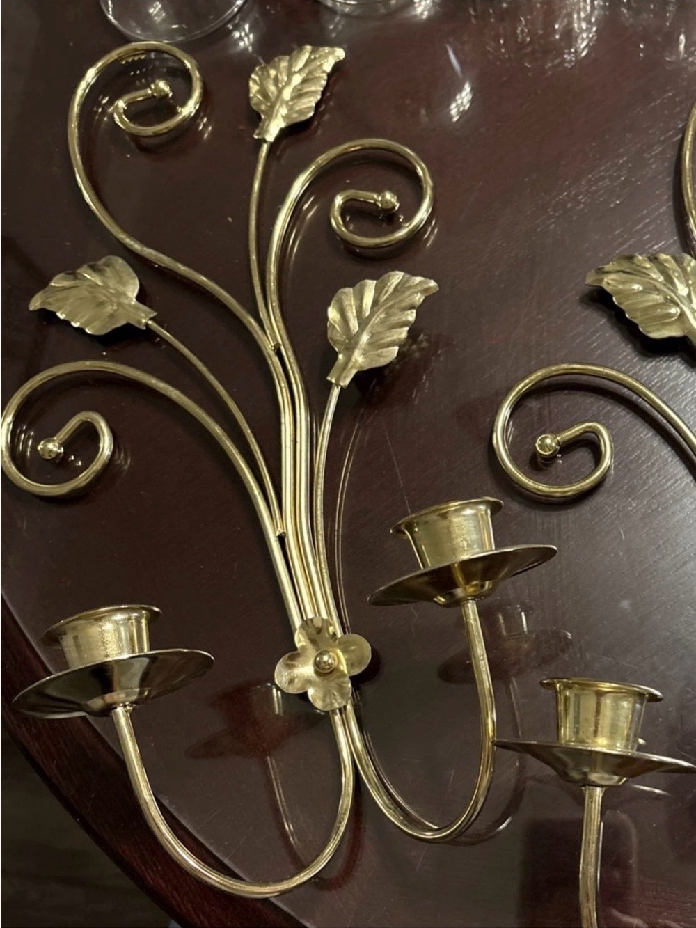 Vintage Brass Home Interior Scroll & Leaf Double Candle Wall Sconces - Picture 3 of 4